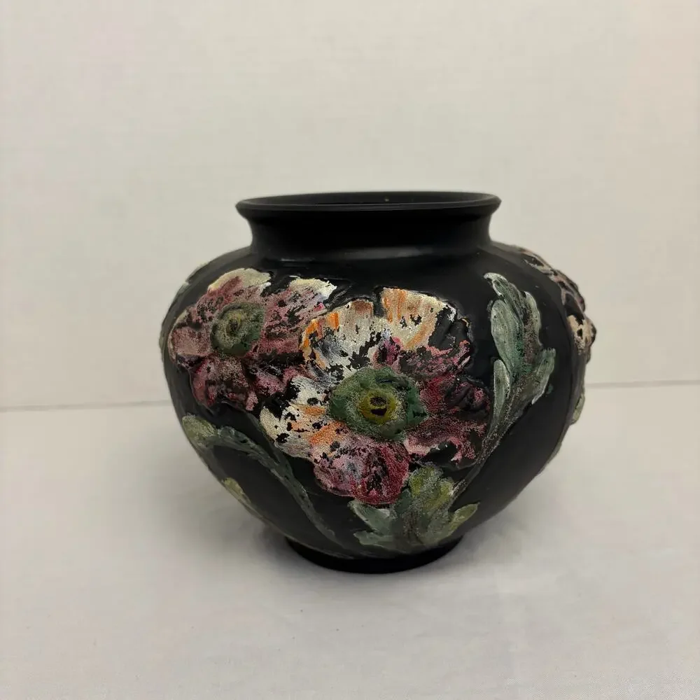VTG Tiffin glass black satin vase. hand painted raised flowers. No markings